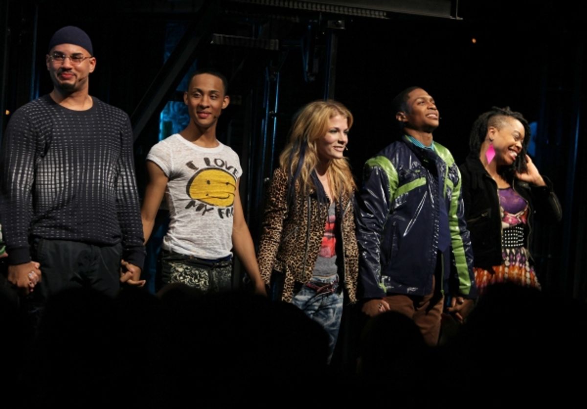 Nicholas Christopher, MJ Rodriguez, Morgan Weed, Ephraim Sykes & Tamika Sonja Lawrence during the Off-Broadway Opening Night Curtain Call for 'RENT' at the New World Stages in New York City. at 