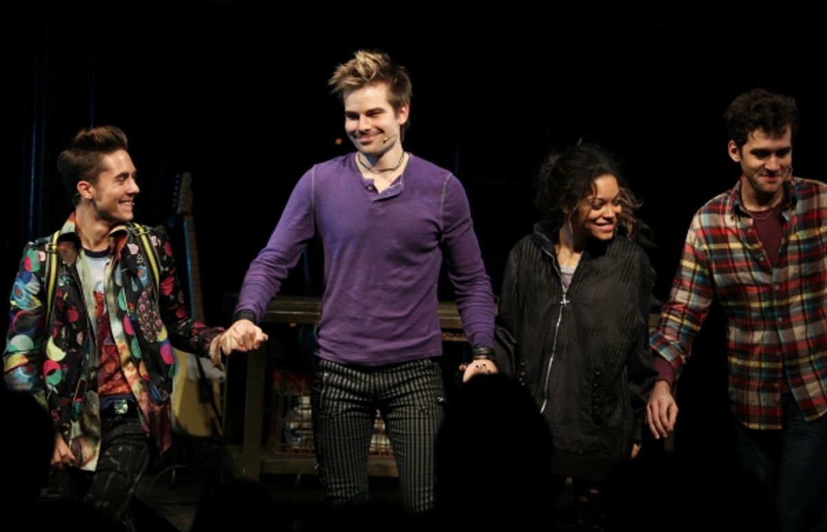 Michael Wartella, Matt Shingledecker, Arianda Fernandez & Adam Chanler-Berat during the Off-Broadway Opening Night Curtain Call for 'RENT' at the New World Stages in New York City. at 
