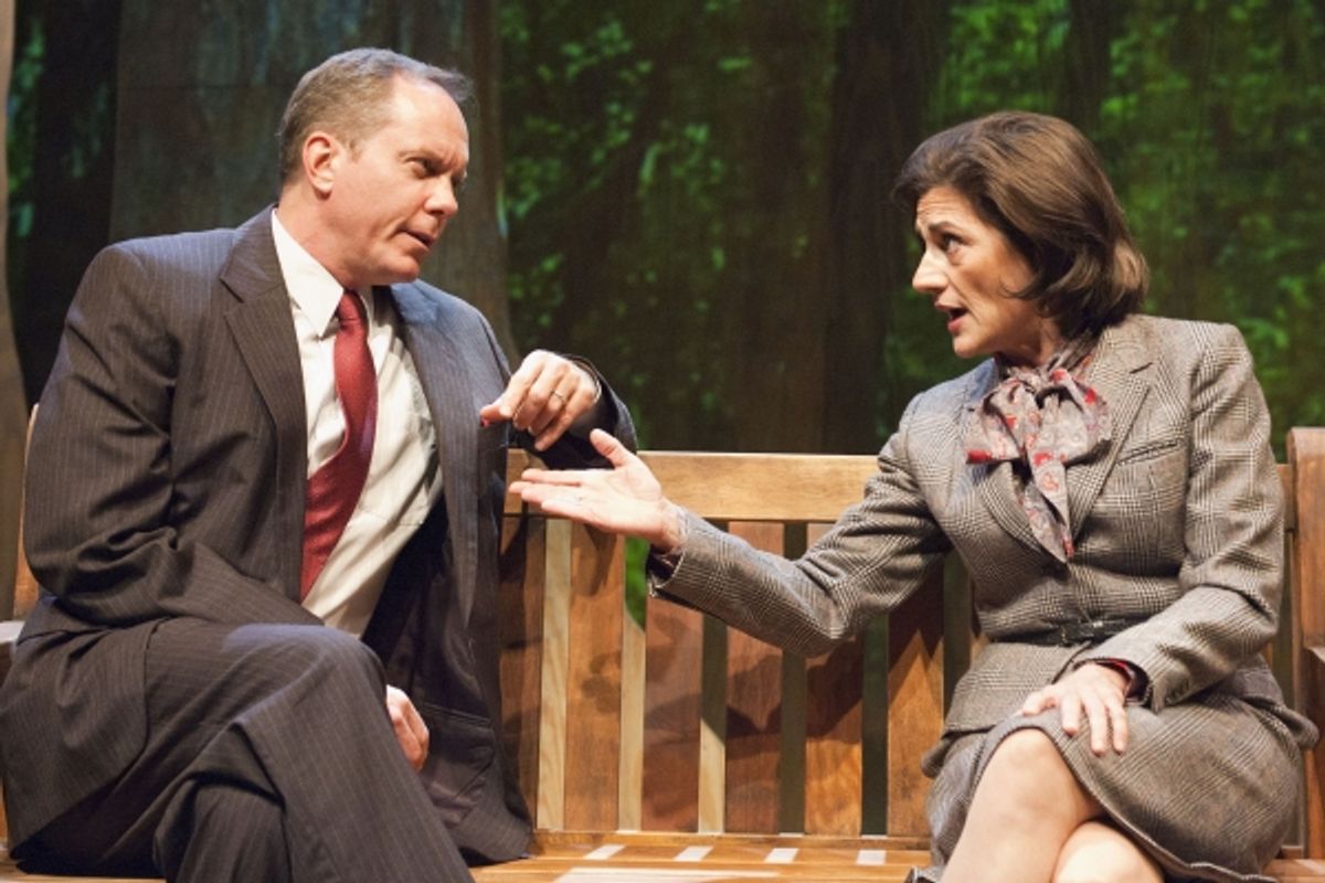 American negotiator John Honeyman (David Parkes) and his Russian counterpart Anya Botvinnik (Janet Ulrich Brooks) debate nuclear policy and much more when they take a break from the negotiating table for a walk in the woods in TimeLine TheatreÃ¢â‚¬â„¢s pr at 