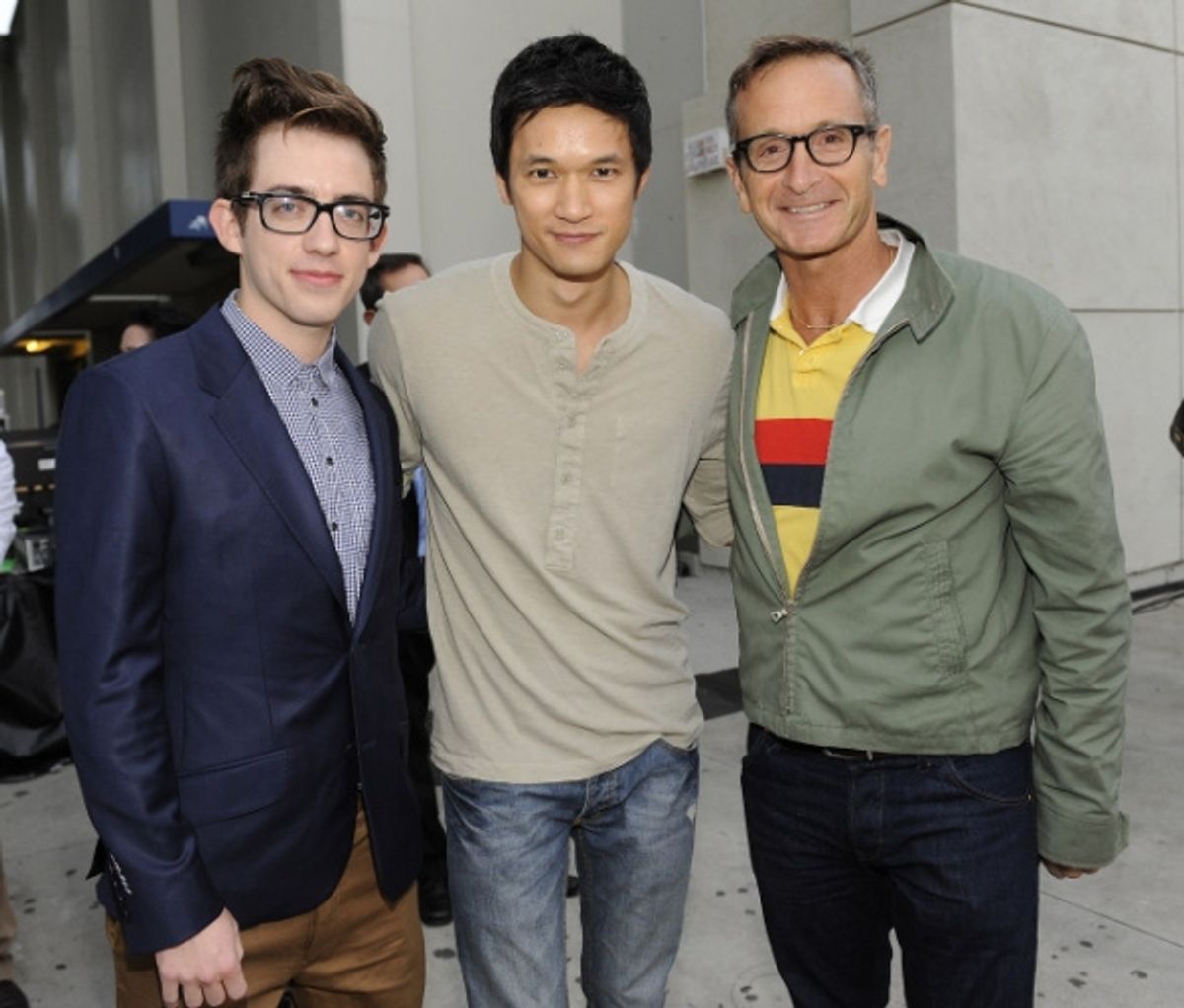 SANTA MONICA, CA - AUGUST 15: (L-R) Actors Kevin McHale, Harry Shum Jr., and Executive Producer Dante Di Loreto attend the Fox's 'Glee' Sing-A-Long event at Santa Monica High School on August 15, 2011 in Santa Monica, California. (Photo by Frank Micelotta at 