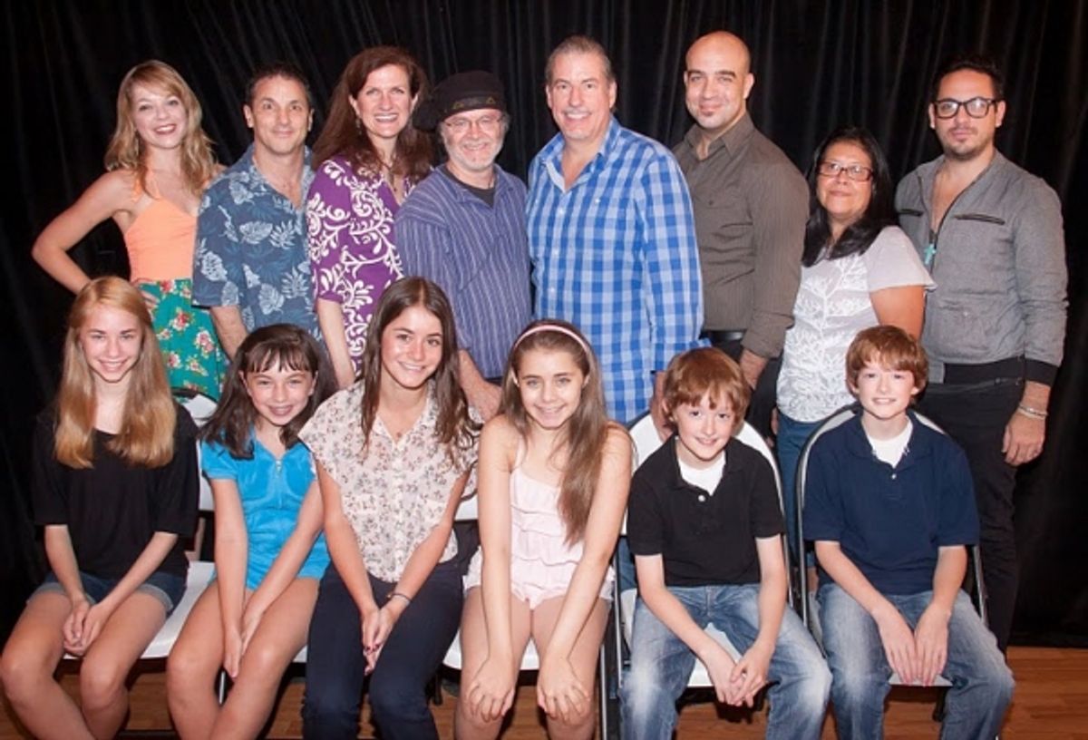 Jillian Louis, Jeffrey Lodin (music director), Tina Stafford, Tom Megan (composer, lyricist, librettist), Gabe Barre (director), Eric Anderson, Isabel Rubio (costume designer) and Julio Hugo Penagos (choreography assistant) (front row: l-r) Leah Greenhaus at First Look at THE KID WHO WOULD BE POPE