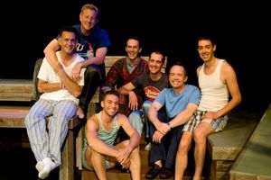 Charles Wingerter (Perry), Andy Anderson (Arthur), Shane Delavan (John/James), Preston Lee Britton (Buzz), Todd Black (Gregory), Chris Silberman (Bobby), Keith Rabin Jr. (Ramon) in front @ BroadwayWorld Charles Wingerter (Perry), Andy Anderson (Arthur), Shane Delavan (John/James), Presto Photo