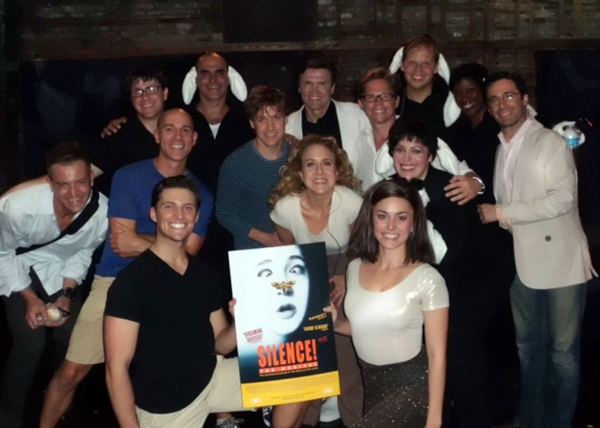 T.R Knight and Jack Noseworthy with director/choreographer Christopher Gattelli and the entire company of SILENCE! The Musical at Theatre 80
 at 