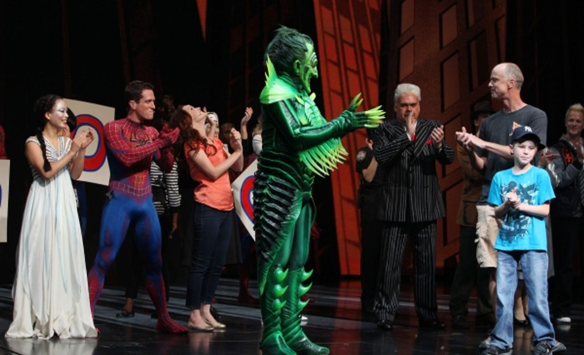 Audience member Jordan Muir with his parents Michelle and Rob with T.V. Carpio, Matt Caplan, Jennifer Daniano, Patrick Page & Michael Mulheren  at 