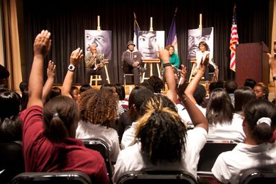Director Kenny Leon, Samuel L. Jackson, Playwright Katori Hall, and Angela Bassett Photo