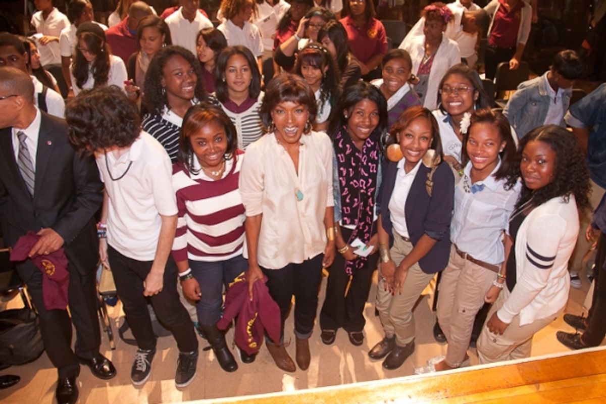 Samuel L. Jackson, Angela Bassett, Kenny Leon, and Katori all with the students of Brooklyn High School of the Arts at 
