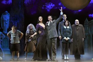 Patrick D. Kennedy (Pugsley), Pippa Pearthree (Grandma), Sara Gettelfinger (Morticia), Douglas Sills (Gomez), Tom Corbeil (Lurch), Cortney Wolfson (Wednesday) and Blake Hammond (Uncle Fester @ BroadwayWorld Patrick D. Kennedy (Pugsley), Pippa Pearthree (Grandma), Sara Gettelfinger (Morticia) Photo