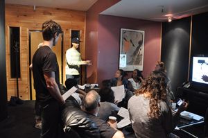 Jason Michael Webb talks to the cast before recording Photo