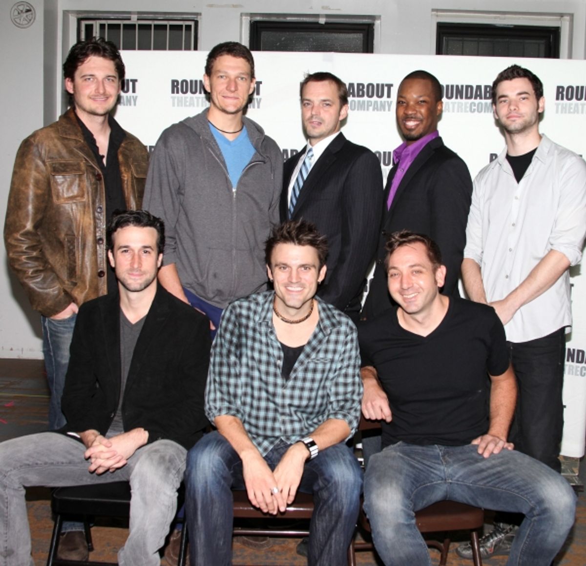 (Top row, L-R:) Toby Leonard Moore, Gabriel Ebert, James McMenamin, Corey Hawkins, Jake O'Connor, (Botton row, L-R:) Mike DiSalvo, playwright Andrew Hinderaker and director Jonathan Berry at 