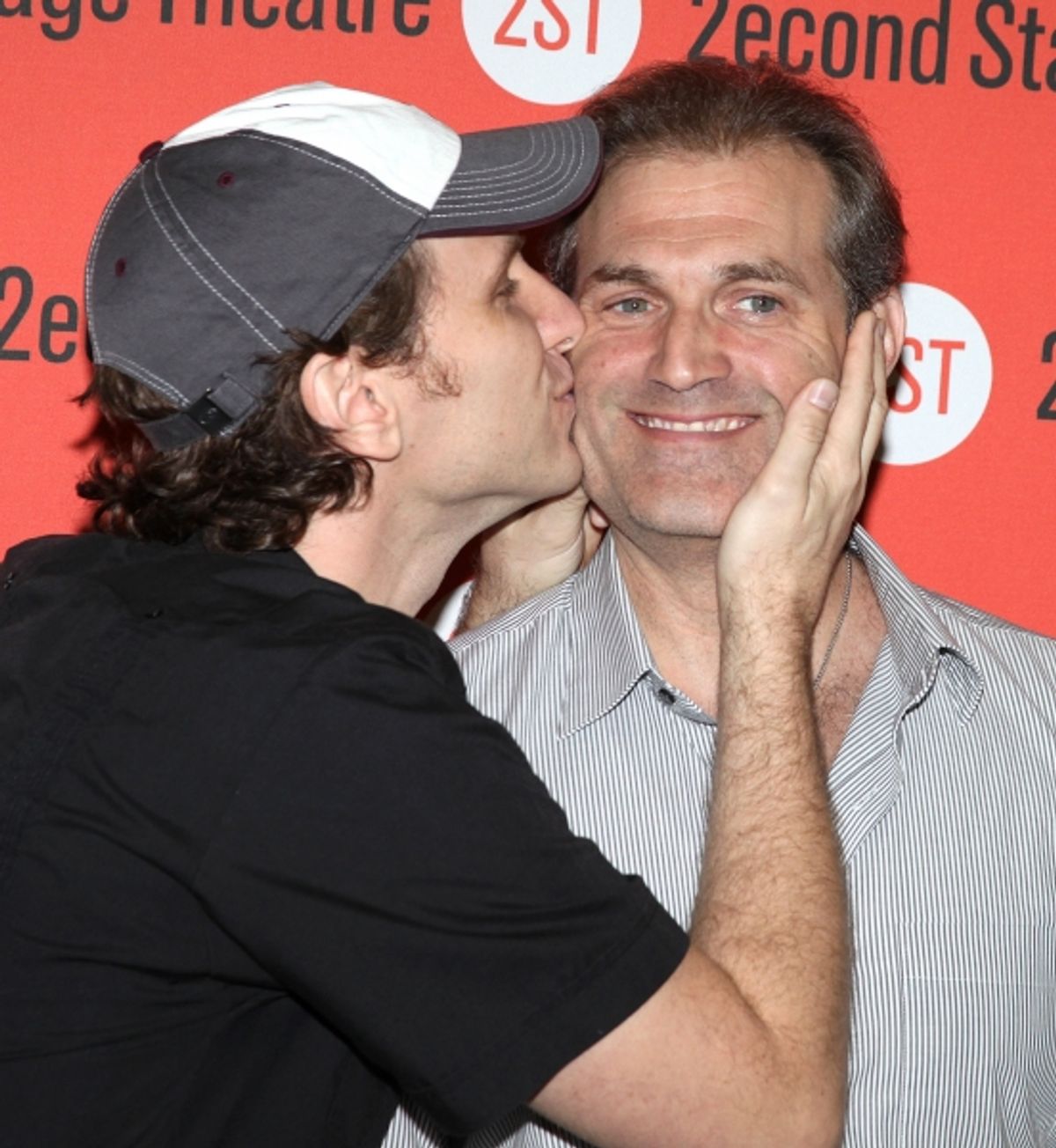Sebastian Arcelus & Marc Kudisch clowning around at the Open Press Rehearsal for the Second Stage Theater Production of 'The Blue Flower' at the Second Stage Rehearsal Room in New York City. at 