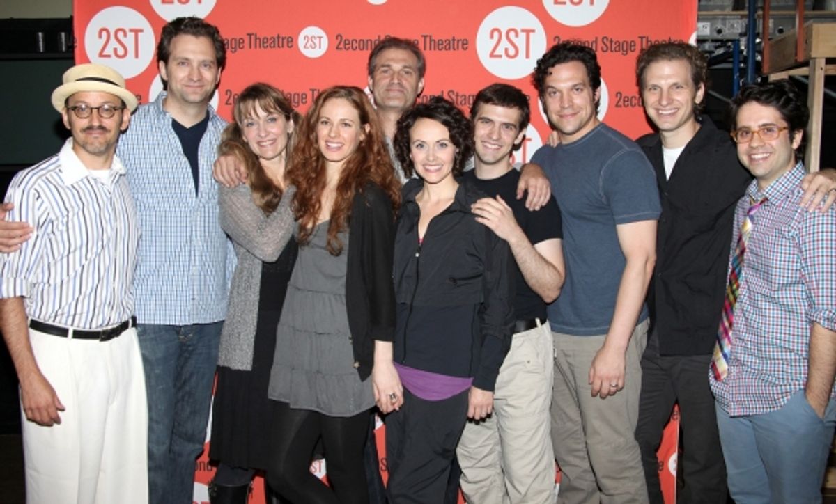 (L-R) Director Will Pomerantz, cast members Graham Rowat, Meghan McGeary, Teal Wicks, Marc Kudisch, Julia Osborne, Joseph Medeiros, Aaron Serotsky, Sebastian Arcelus and choreographer Chase Brock at the Open Press Rehearsal for the Second Stage Theater Pr at 