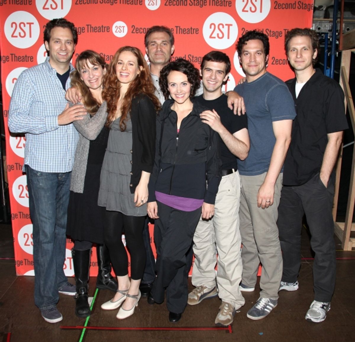Cast members Graham Rowat, Meghan McGeary, Teal Wicks, Marc Kudisch, Julia Osborne, Joseph Medeiros, Aaron Serotsky and Sebastian Arcelus attend at the Open Press Rehearsal for the Second Stage Theater Production of 'The Blue Flower' at the Second Stage R at 