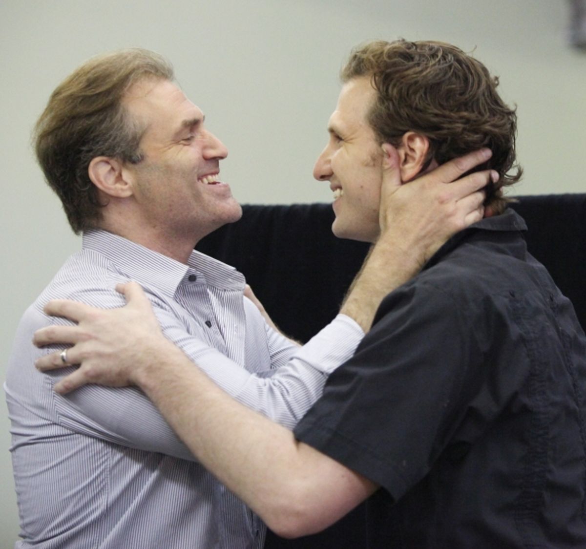 Marc Kudisch and Sebastian Arcelus at the Open Press Rehearsal for the Second Stage Theater Production of 'The Blue Flower' at the Second Stage Rehearsal Room in New York City. at 