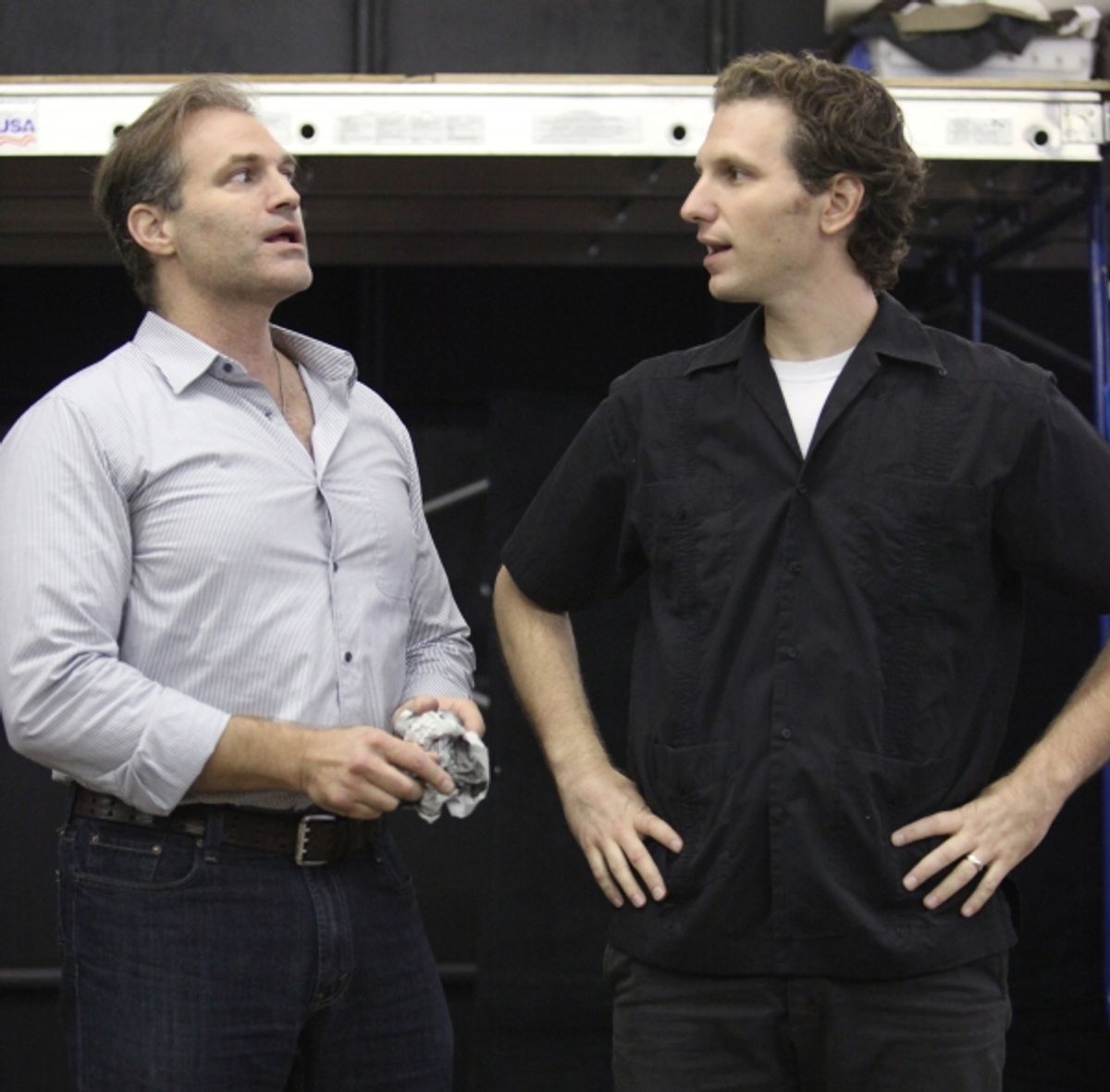 Marc Kudisch & Sebastian Arcelus at the Open Press Rehearsal for the Second Stage Theater Production of 'The Blue Flower' at the Second Stage Rehearsal Room in New York City. at 