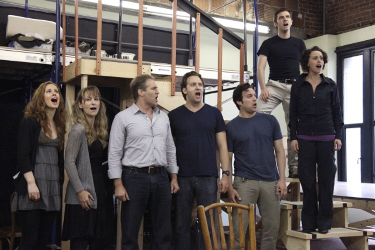 Teal Wicks, Marc Kudisch and the Ensemble Company at the Open Press Rehearsal for the Second Stage Theater Production of 'The Blue Flower' at the Second Stage Rehearsal Room in New York City at 