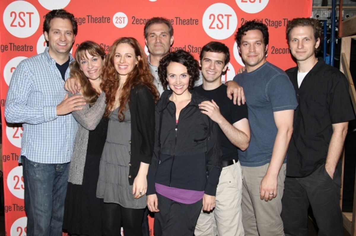 Cast members Graham Rowat, Meghan McGeary, Teal Wicks, Marc Kudisch, Julia Osborne, Joseph Medeiros, Aaron Serotsky and Sebastian Arcelus attend at the Open Press Rehearsal for the Second Stage Theater Production of 'The Blue Flower' at the Second Stage R at 