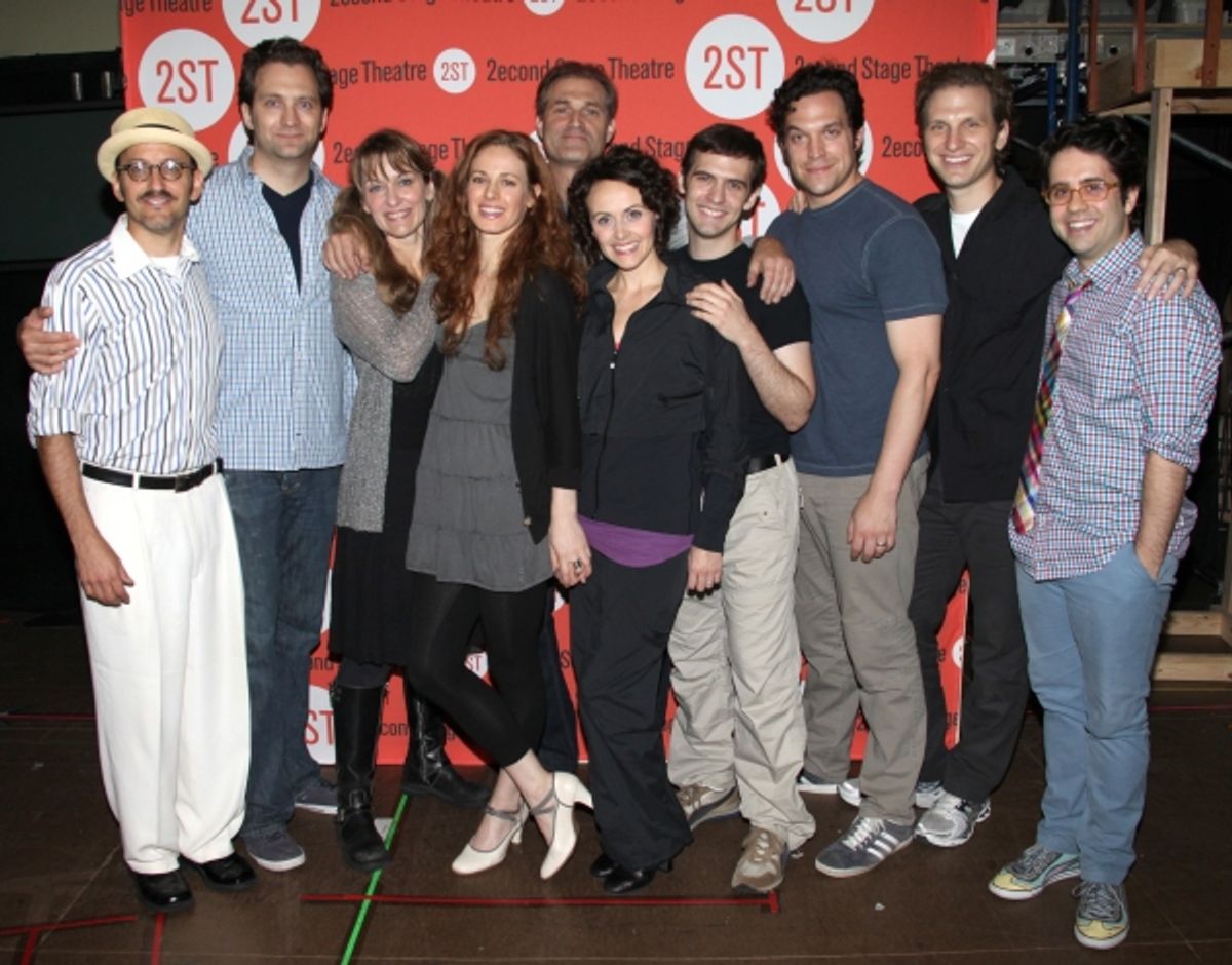 (L-R) Director Will Pomerantz, cast members Graham Rowat, Meghan McGeary, Teal Wicks, Marc Kudisch, Julia Osborne, Joseph Medeiros, Aaron Serotsky, Sebastian Arcelus and choreographer Chase Brock at the Open Press Rehearsal for the Second Stage Theater Pr at 