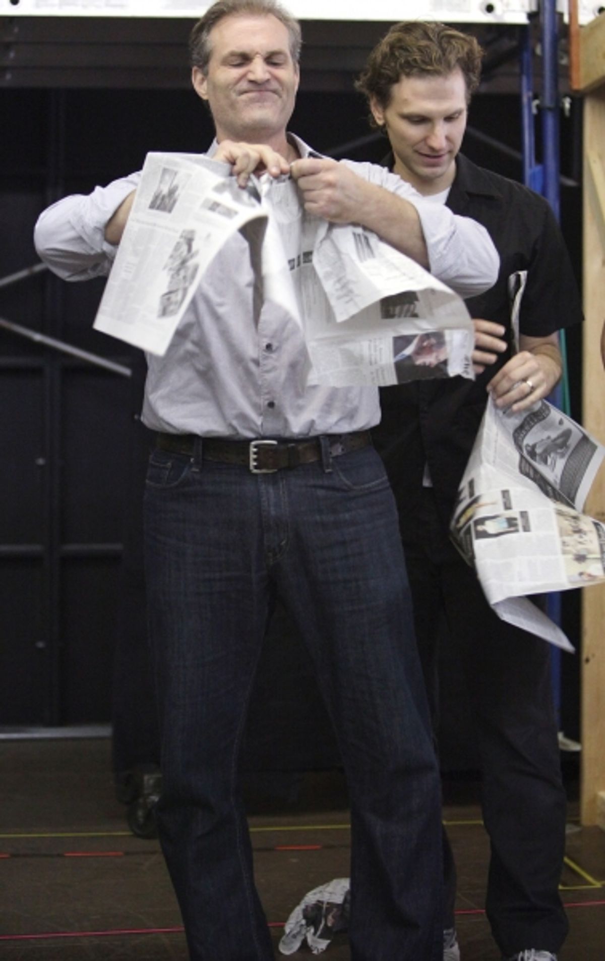 Marc Kudisch and Sebastian Arcelus  at the Open Press Rehearsal for the Second Stage Theater Production of 'The Blue Flower' at the Second Stage Rehearsal Room in New York City. at 