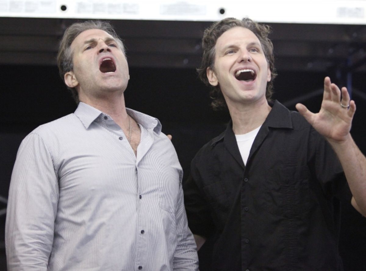 Marc Kudisch and Sebastian Arcelus at the Open Press Rehearsal for the Second Stage Theater Production of 'The Blue Flower' at the Second Stage Rehearsal Room in New York City. at 