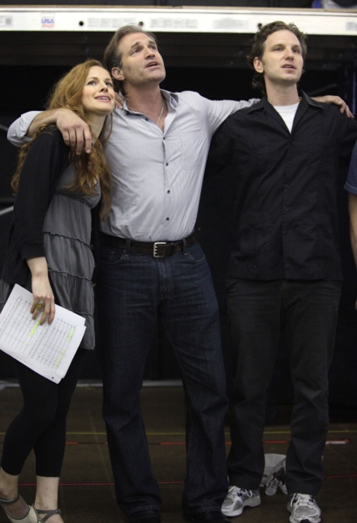 Teal Wicks, Marc Kudisch & Sebastian Arcelus at the Open Press Rehearsal for the Second Stage Theater Production of 'The Blue Flower' at the Second Stage Rehearsal Room in New York City. at 