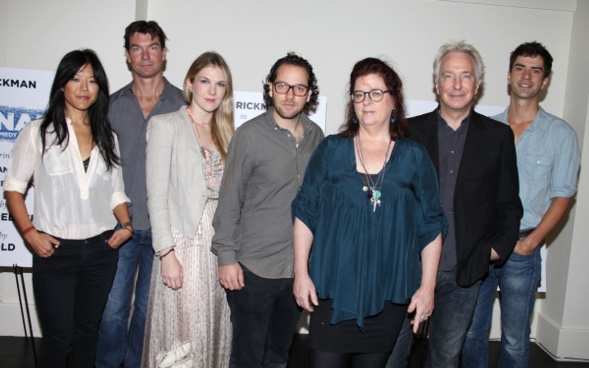 (LtoR) Hettienne Park, Jerry O'Connell, Lily Rabe, Director Sam Gold, Playwright Theresa Rebeck, Alan Rickman & Hamish Linklater attending the New Broadway Production 'Seminar' Meet & Greet at the Foxwoods Rehearsal Studioa in New York City. at 