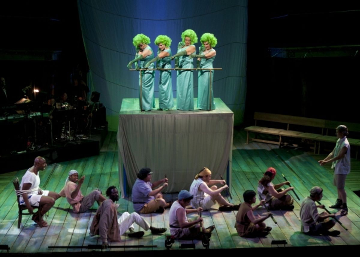 Alvin Crawford as Odysseus (left), the Globe Guilders as the Sirens (top) and the cast of the World Premiere of Odyssey, conceived and directed by Lear deBessonet with music, lyrics and book by Todd Almond, Sept. 30 - Oct. 2, 2011 at The Old Globe. Photo  at 