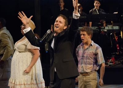 Todd Almond (center) with the cast of the World Premiere of Odyssey, conceived and di Photo