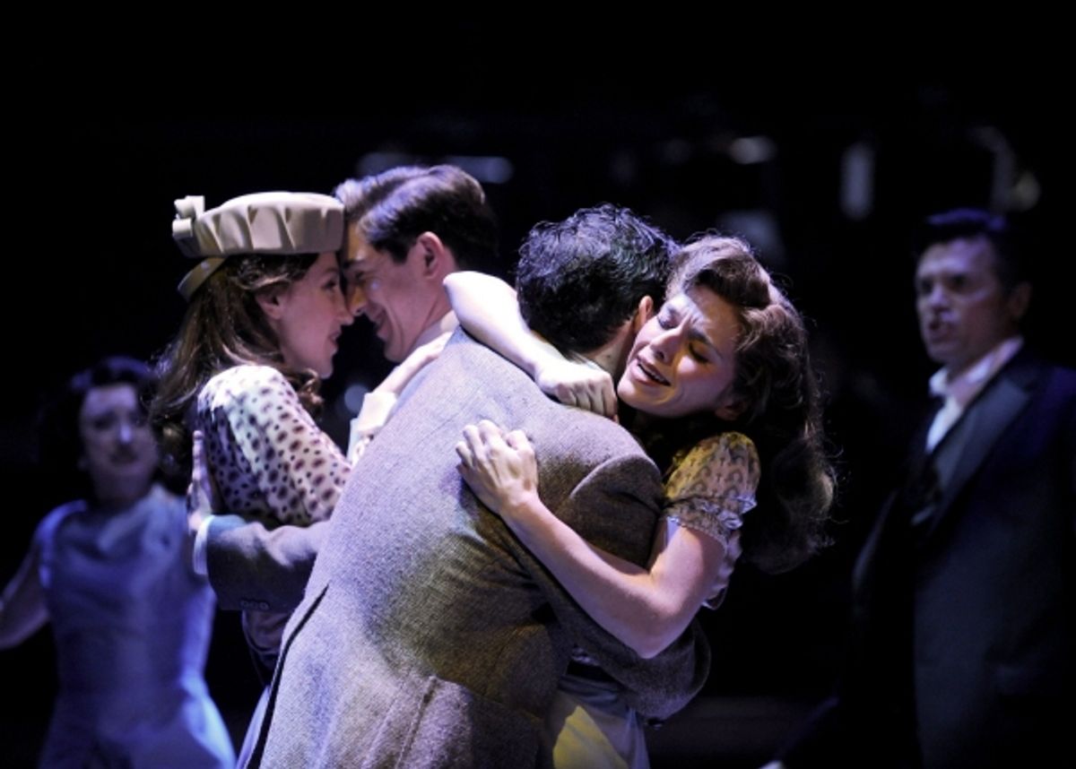 Rachel Cantor as Young Phyllis, Adrian Aguilar as Young Ben, Andrew Keltz as Young Buddy and L.R. Davidson as Young Sally, with Caroline O'Connor as Phyllis Rogers Stone and Brent Barrett as Benjamin Stone at 