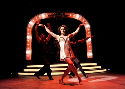 Caroline O'Connor as Phyllis Rogers Stone with "Lucy and Jessie" dancers Rhett Guter  Photo