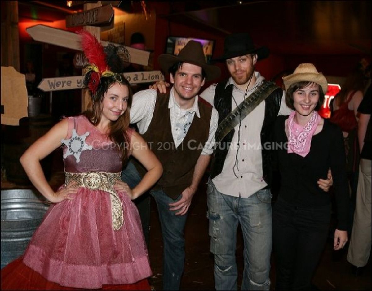 CULVER CITY, CA - OCTOBER 8: (L-R) CTG concierge Laura Cheek, barker Stephen Lydic, CTG concierge Trevor Algatt and CTG concierge Sarah Harburg-Petrich pose during the shindig for the opening night performance of 'I've Never Been So Happy' at Center Theat at 