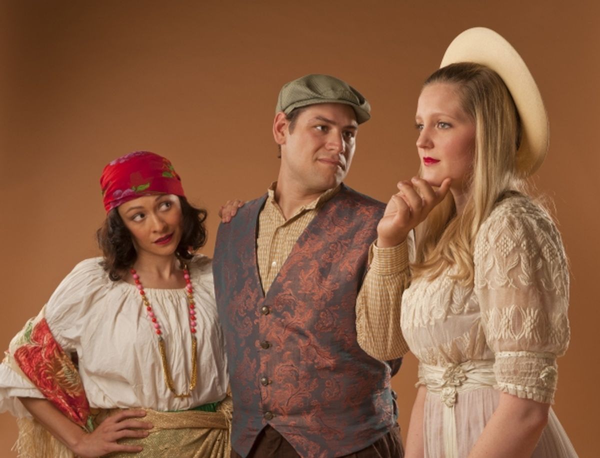 Fortune-teller Zenida Grundy (Janine Burgener) casts a jealous eye when Gypsy Hood (Danny Cozart) takes notice of local Derby girl Mary Barbour (Riley Krull) in 42nd Street MoonÃ¢â‚¬â„¢s production THREE SISTERS at 