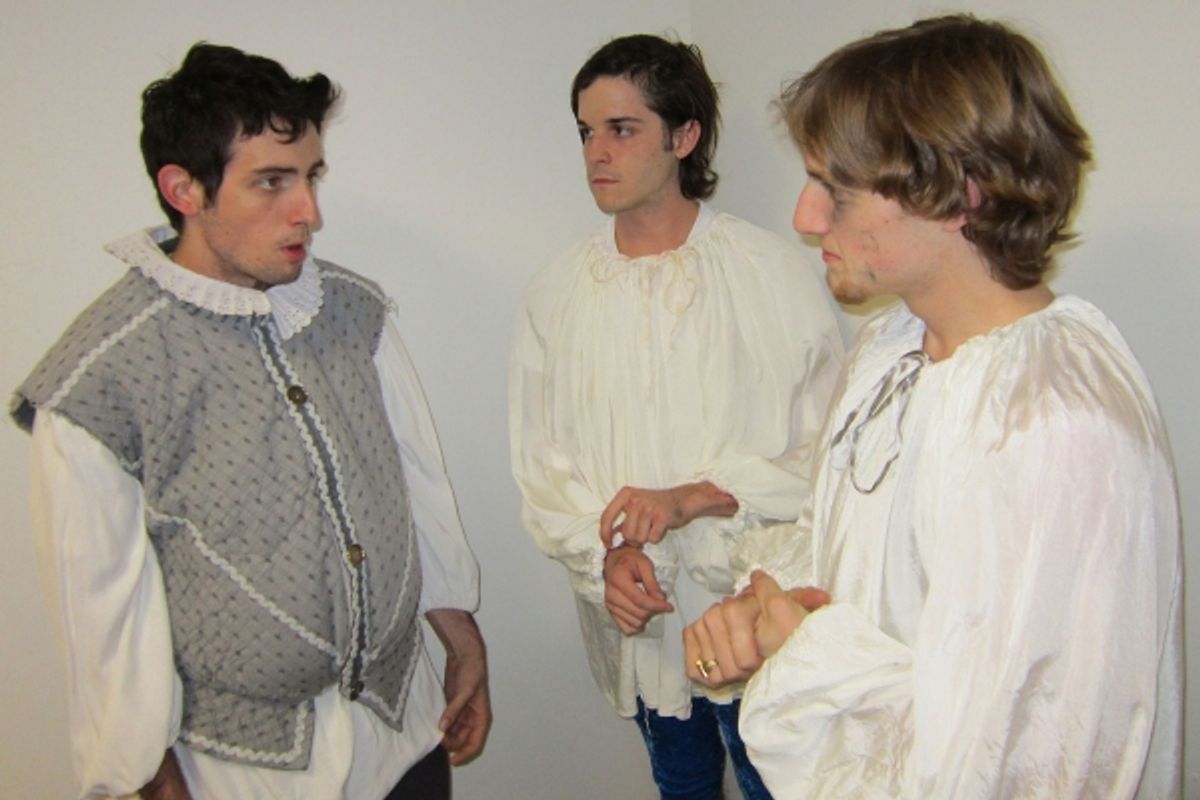       From left to right, Keegan McDonald of Princeton, Parker Harris of Lawrenceville and Ned Inacone of Princeton Junction rehearse a scene from Machiavelli's comic 'Mandragola.'                           at 