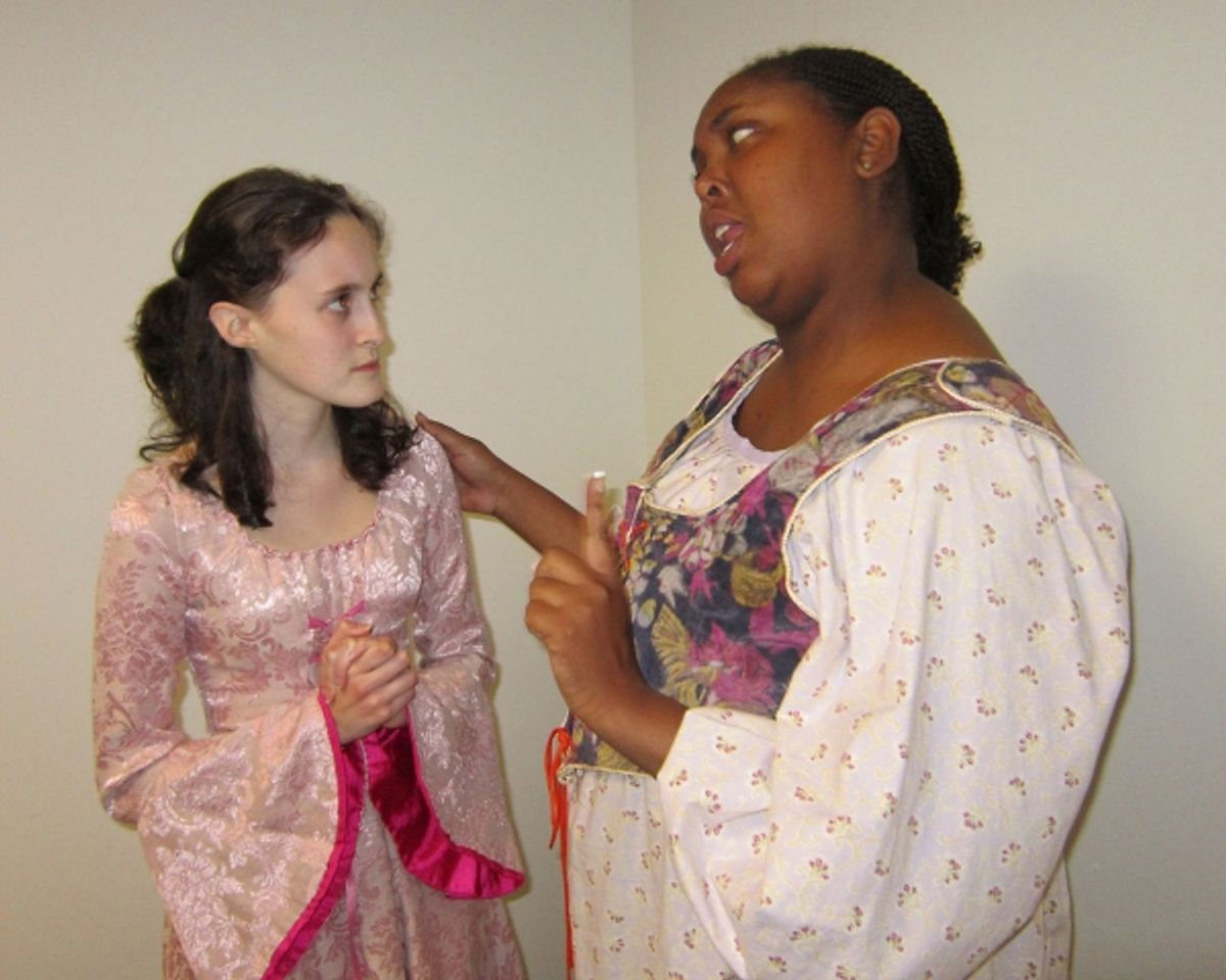    Megan Sherow of Millstone and Zulekia Dockery of Rahway, rehearse a scene from Machiavelli's comic 'Mandragola.'                              at 