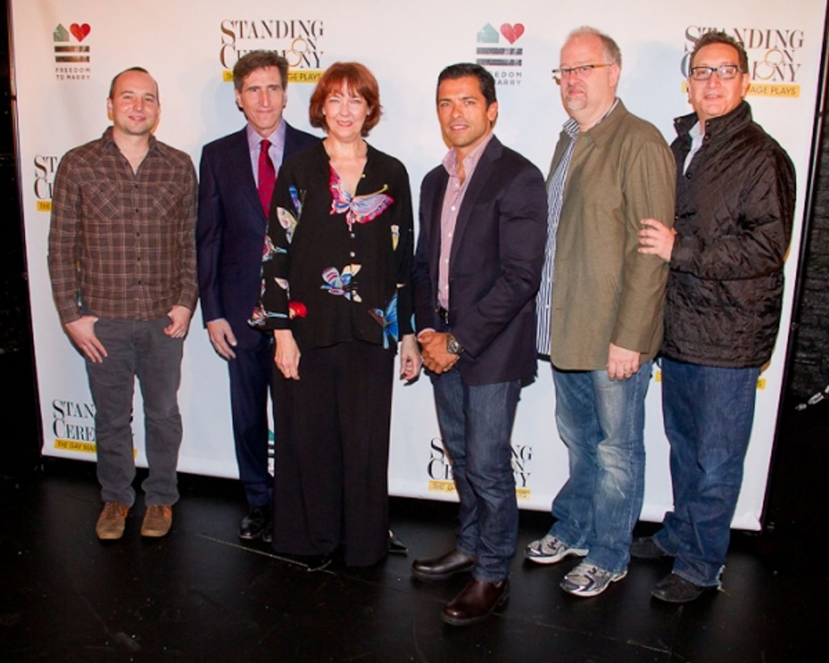 Jordan Harrison, Paul Rudnick, Harriet Harris, Mark Consuelos, Doug Wright and Moises Kaufman at 