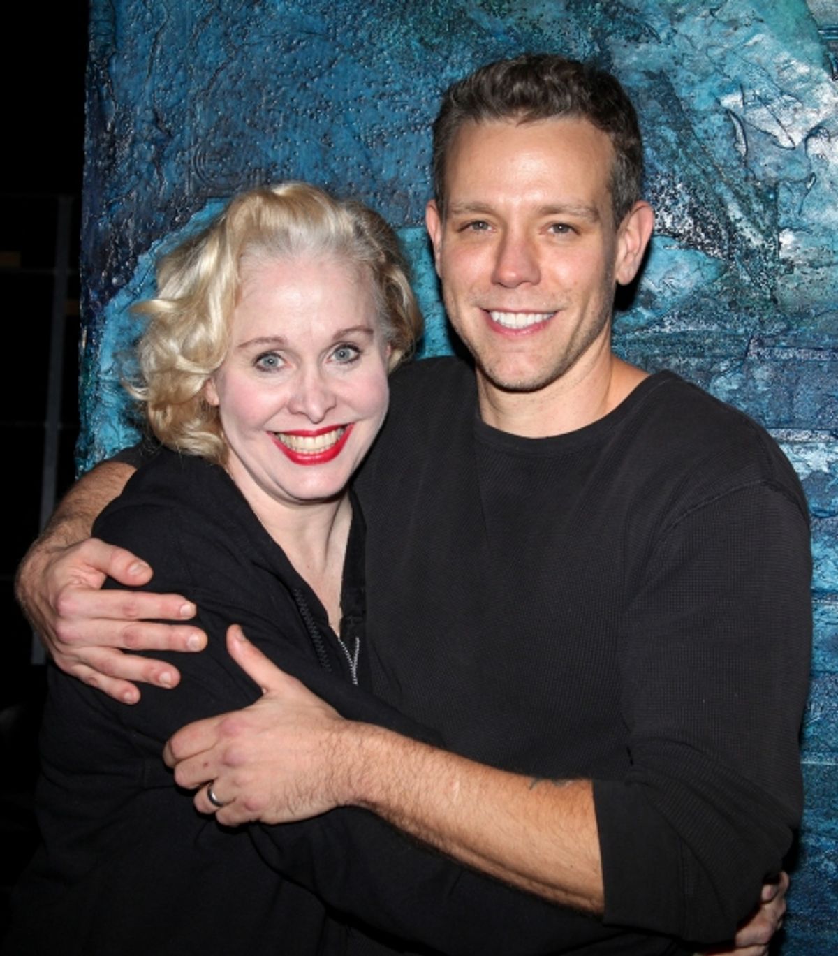 Adam Pascal with Nancy Opel celebrating his Birthday backstage after his first performance  in 'Memphis'  at the Shubert Theatre in New York City. at 