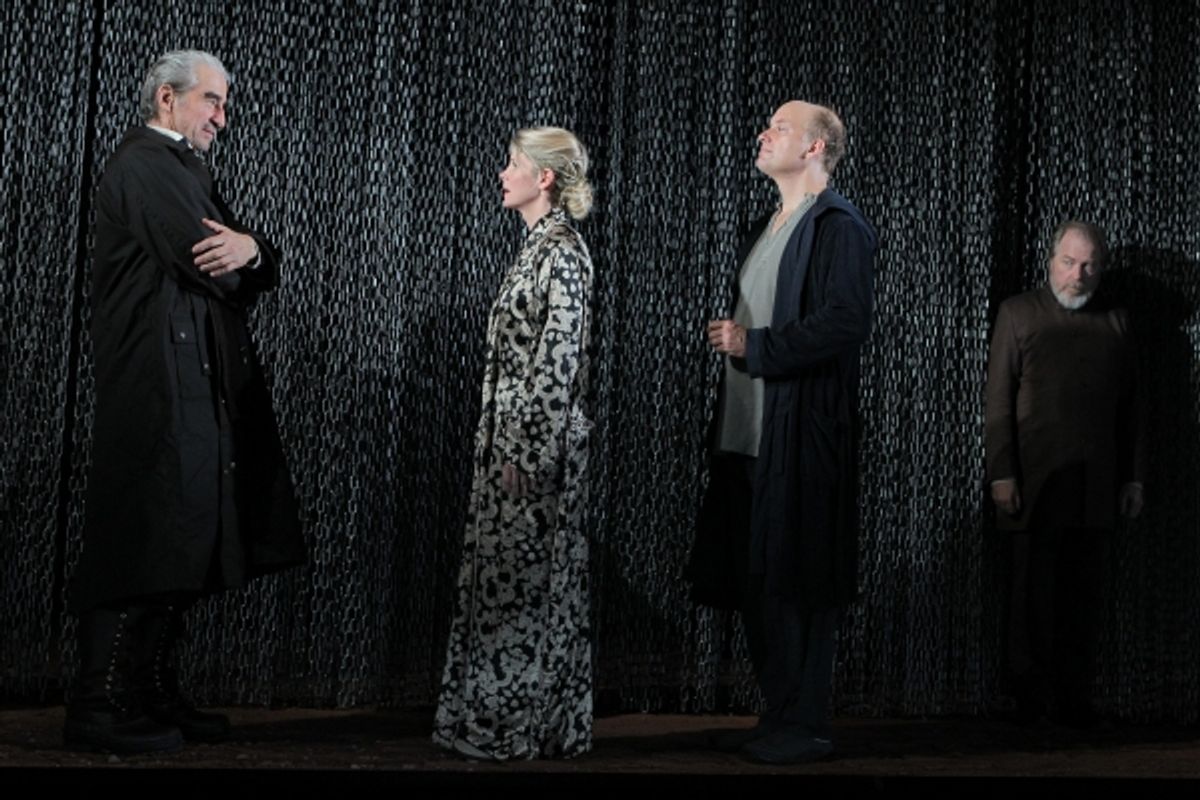 Sam Waterston, Kelli O'Hara, Frank Wood, and Michael McKean in King Lear, directed by James Macdonald, running at The Public Theater through November 20. Photo Credit: Joan Marcus. at 