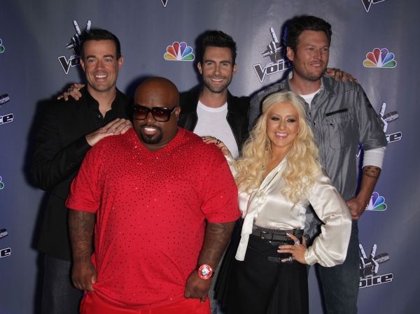 Blake Shelton, Christina Aguilera, Adam Levine, Cee Lo Green and Carson Daly Photo
