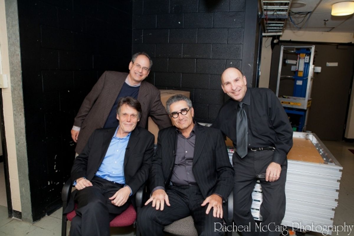 David Eisner, Ralph Benmergui, Eugene Levy and Avery Saltzman backstage at Conversations on the Green at 