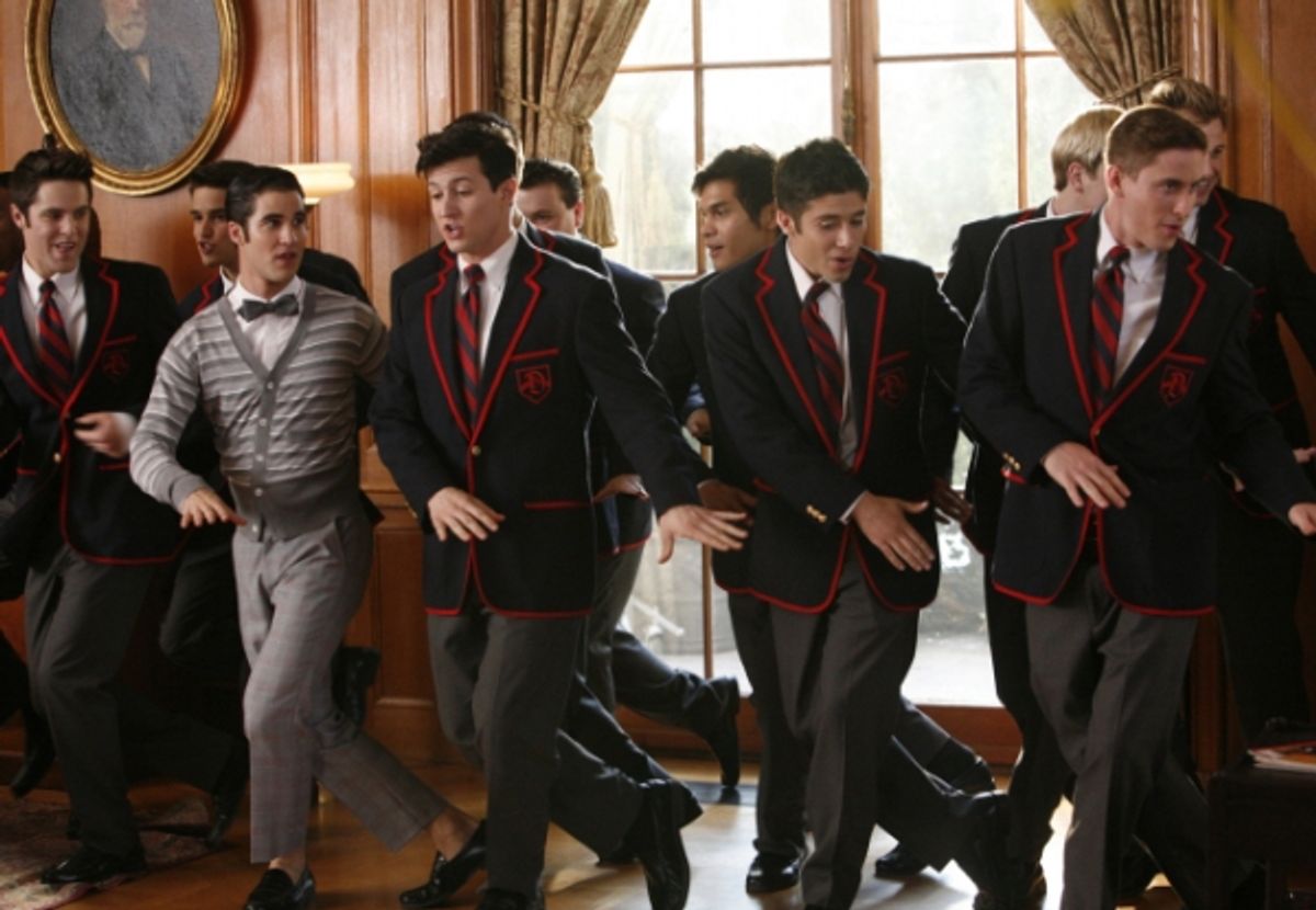 Blaine (Darren Criss, L) performs with the Warblers. at 