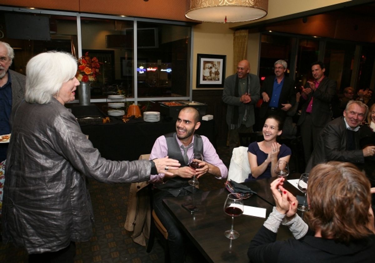 LOS ANGELES, CA - NOVEMBER 6: Cast member Olympia Dukakis is greeted by applause during the party for the opening night performance of 'Vigil' at Center Theatre Group's Mark Taper Forum on November 6, 2011 in Los Angeles, California. (Photo by Ryan Miller at 