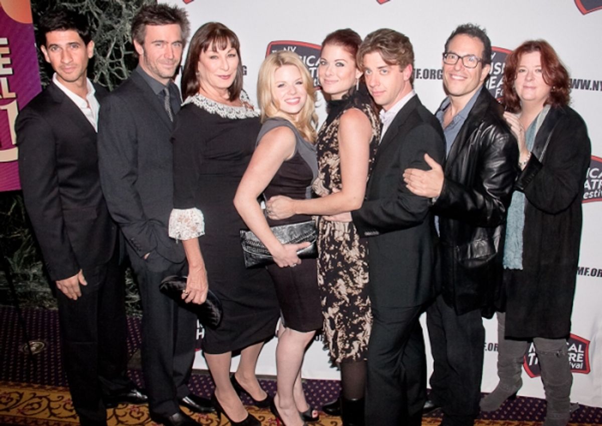 Raza Jaffrey, Jack Davenport, Anjelica Huston, Megan Hilty, Debra Messing, Christian Borle, Michael Mayer, and Teresa Rebeck at 