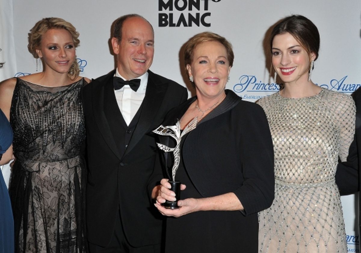 NEW YORK, NY - NOVEMBER 01:  Princess Charlene, T.S.H. Prince Albert II of Monaco, Julie Andrews and Anne Hathaway attend MONTBLANC Launches Collection Princesse Grace De Monaco at  the Princess Grace Awards Gala at Cipriani 42nd Street on November 1, 201 at 