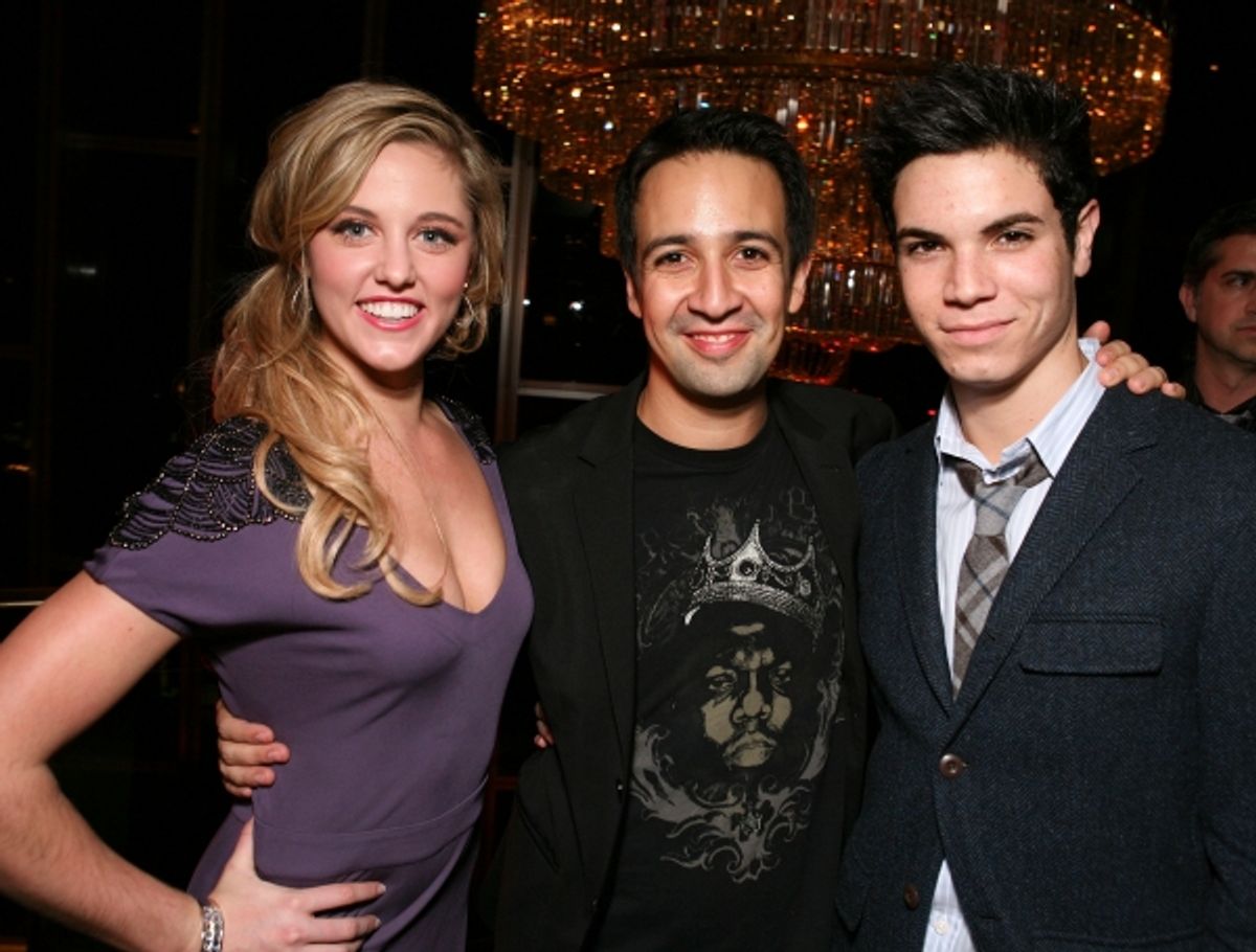 LOS ANGELES, CA - NOVEMBER 11: (L-R) Cast member Taylor Louderman, Composer/Lyricist Lin-Manuel Miranda and cast member Jason Gotay pose during the party for the opening night performance of 'Bring It On: The Musical' at Center Theatre Group's Ahmanson Th at 