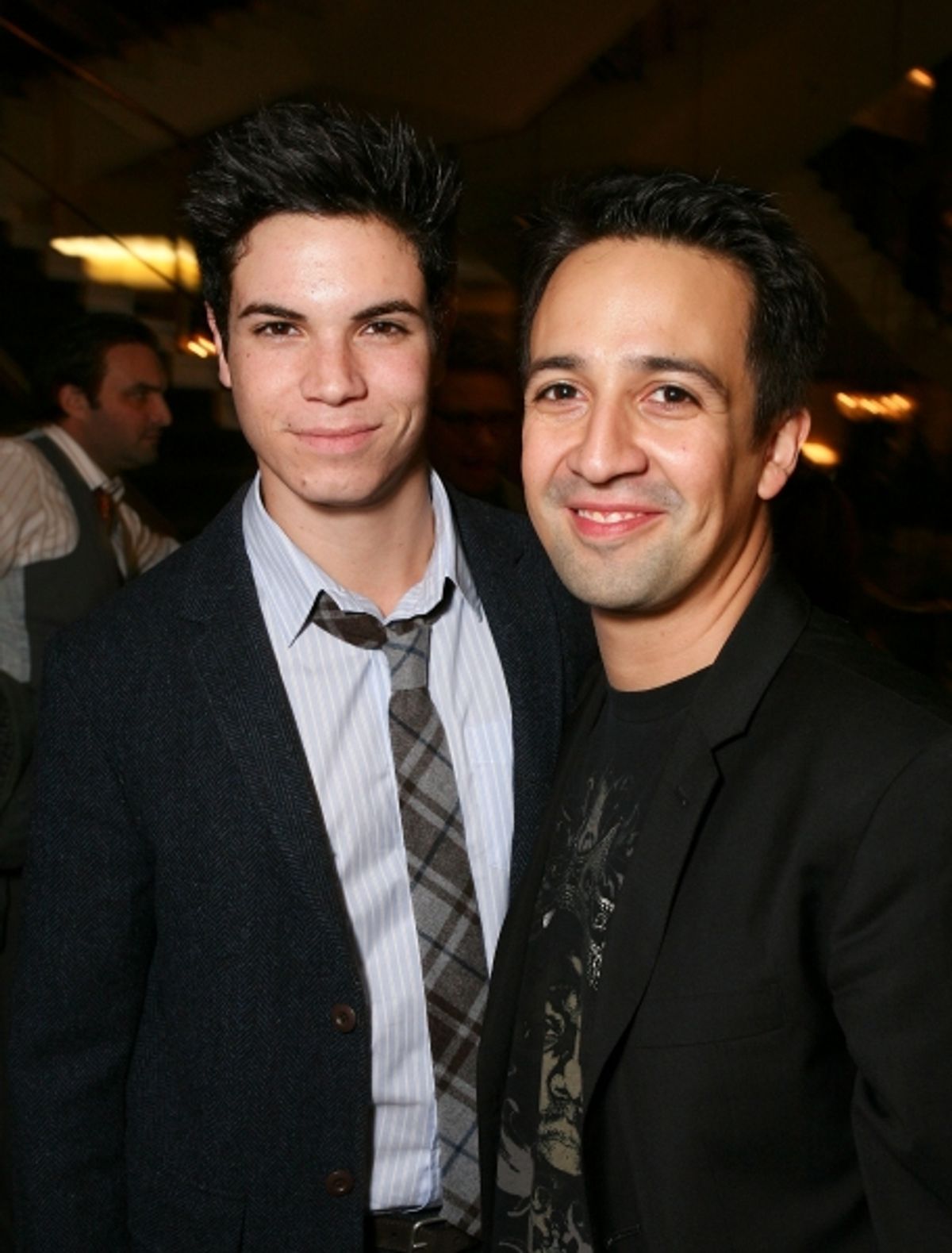 LOS ANGELES, CA - NOVEMBER 11: Cast member Jason Gotay (L) and Composer/Lyricist Lin-Manuel Miranda (R) pose during the party for the opening night performance of 'Bring It On: The Musical' at Center Theatre Group's Ahmanson Theatre on November 11, 2011 i at 