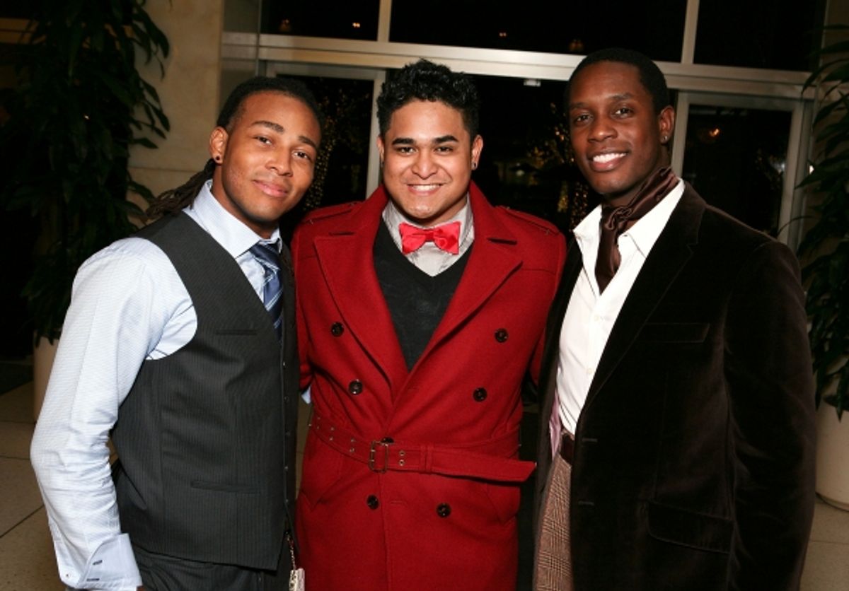 LOS ANGELES, CA - NOVEMBER 11: (L-R) Cast members Antwan Bethea, Michael Naone-Carter and Rod Harrelson pose during the party for the opening night performance of 'Bring It On: The Musical' at Center Theatre Group's Ahmanson Theatre on November 11, 2011 i at 