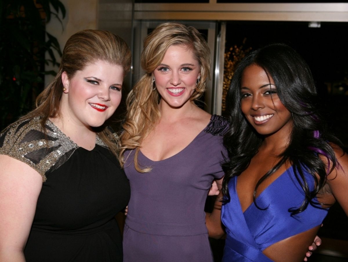LOS ANGELES, CA - NOVEMBER 11: (L-R) Cast members Ryan Redmond, Taylor Louderman and Adrienne Warren pose during the party for the opening night performance of 'Bring It On: The Musical' at Center Theatre Group's Ahmanson Theatre on November 11, 2011 in L at 
