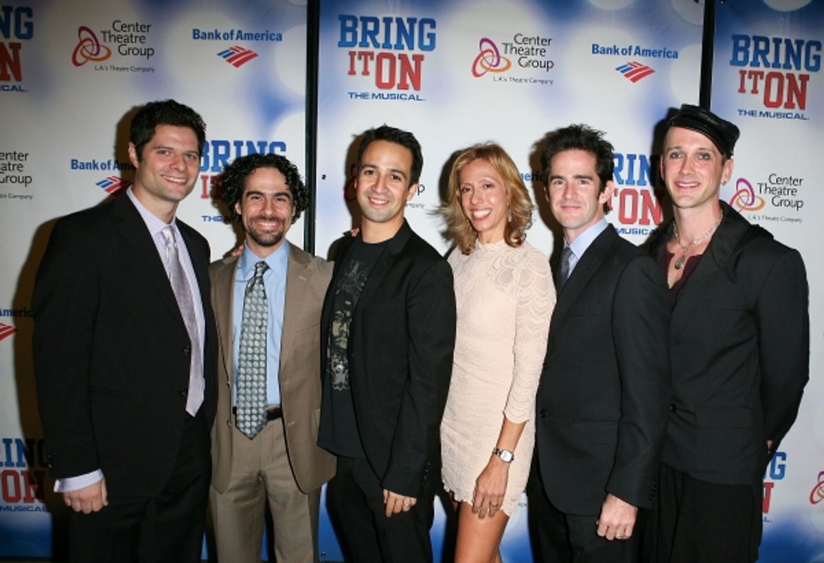  LOS ANGELES, CA - NOVEMBER 11: (L-R) Composer Tom Kitt, Music Supervisor Alex Lacamoire, Composer/Lyricist Lin-Manuel Miranda, Lyricist Amanda Green, Director/Choreographer Andy Blankenbuehler and Book Writer Jeff Whitty pose during the arrivals for the  at 