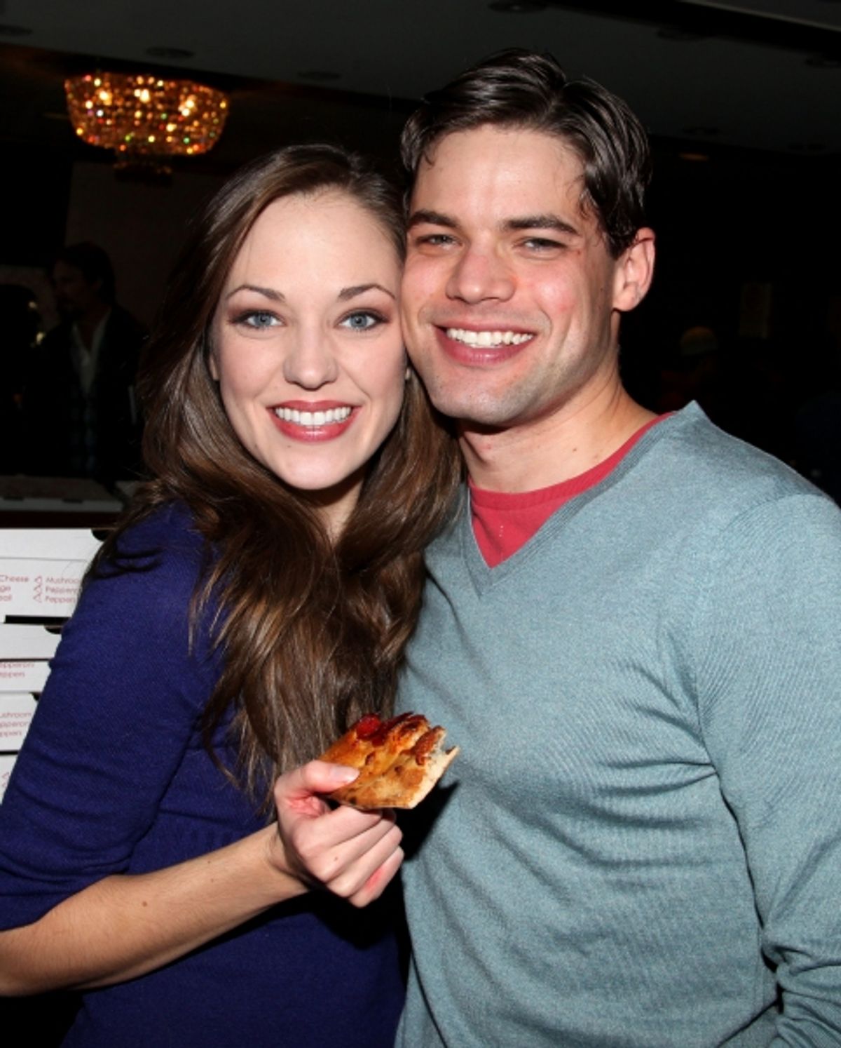 Laura Osnes & Jeremy Jordan  attending a Pizza Party to celebrate the Birthdays of Laura Osnes & Jeremy Jordan starring in 'Bonnie & Clyde' at the Gerald Schoenfeld Theatre in New York City on 11/19/11. at 