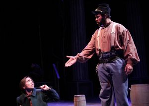 Union soldier (Santino Craven) offers his hand in peace to a young Confederate rebel (Jen Rand) in A Civil War Christmas. @ BroadwayWorld Union soldier (Santino Craven) offers his hand in peace to a young Confederate rebel Photo