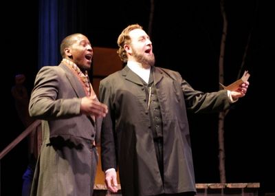 The President's aid Mr. Walker (Darius Dotch) presents President Lincoln (Fred Wagner Photo